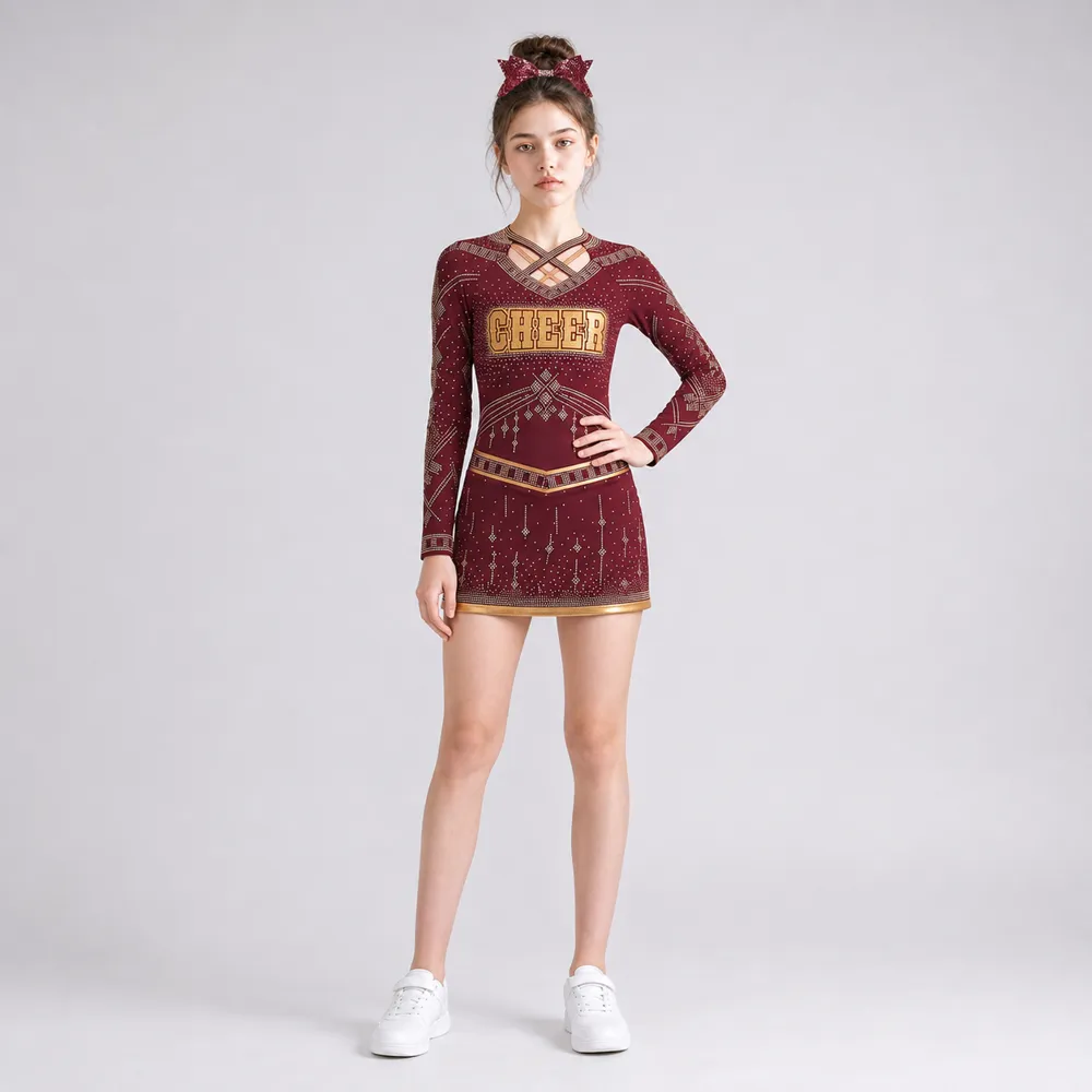 Kids Burgundy Gold Rhinestone Cheerleading Uniform Long Sleeve Cutout Top Skirt Team Performance Wear